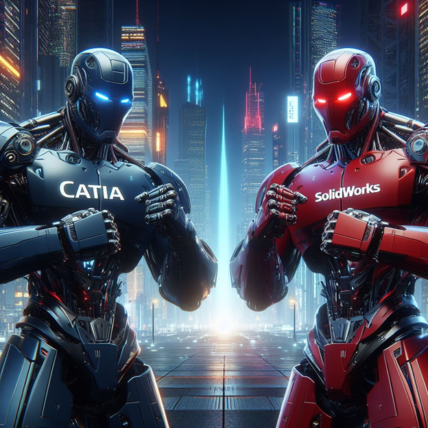 Futuristic CATIA and SOLIDWORKS robots in red and blue