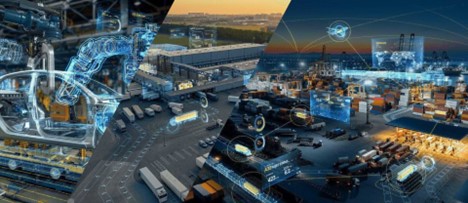 A futuristic view of Industry 4.0 showcases AI-driven automation, digital twins, and IoT-powered supply chains.