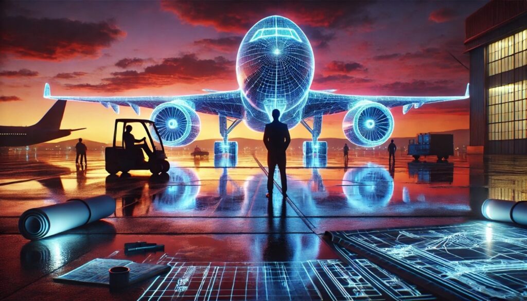 A glowing digital twin of an aircraft represents virtual prototyping, optimizing performance, and accelerating aerospace innovation.