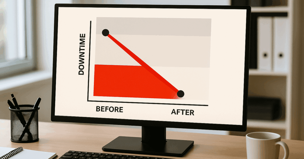 Stylized graph illustration comparing downtime and cost savings before and after digital supply chain implementation.