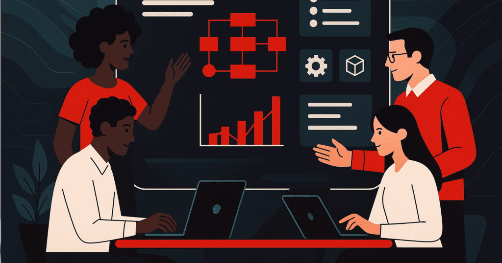 Stylized digital illustration of four diverse professionals collaborating around a large shared digital interface displaying charts, diagrams, and icons. The scene uses a futuristic dark theme with red, black, and white elements.