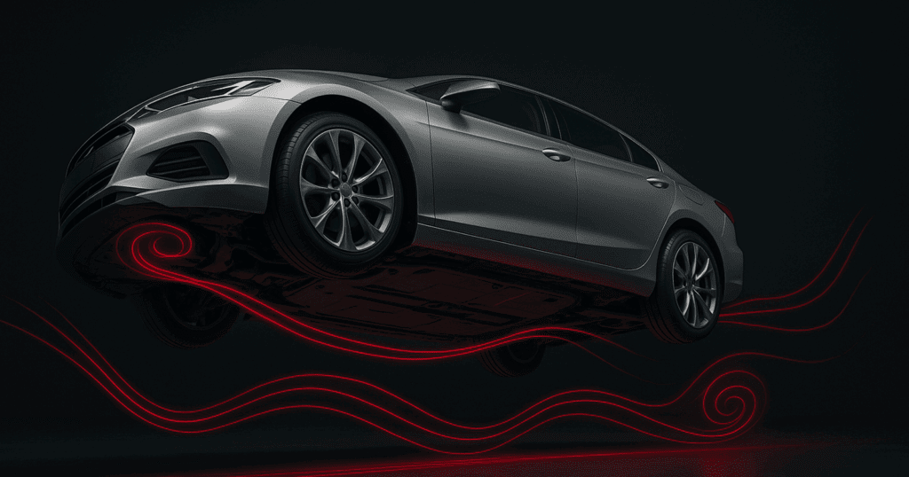 3D view of a silver sedan’s underbody, with red airflow lines visualizing vortex zones and lift effects beneath the chassis, set against a dark, technical environment.