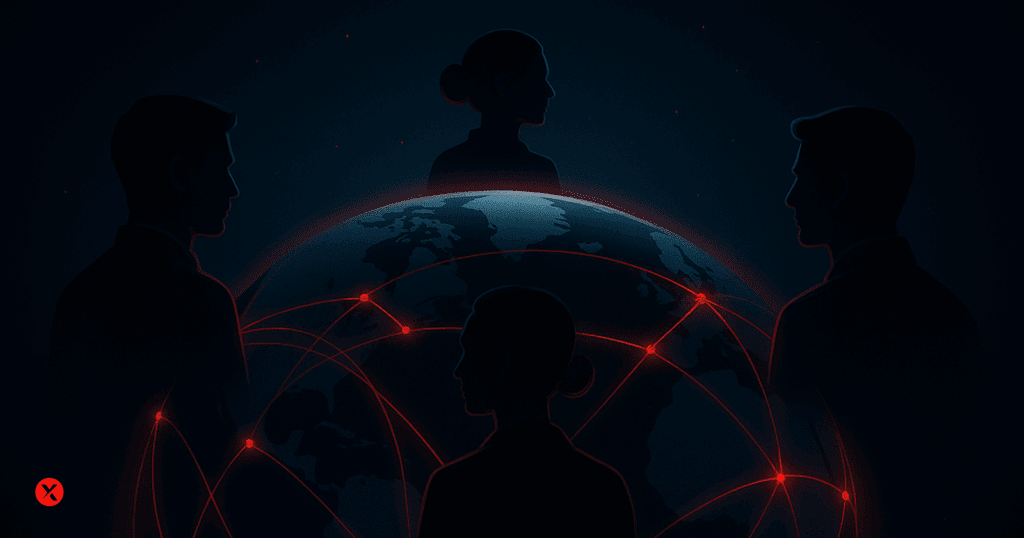 Digital illustration of silhouetted engineers surrounding a glowing Earth, connected by red digital threads spanning continents, representing ENOVIA’s secure global collaboration network.