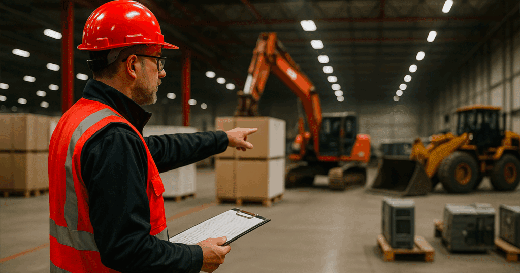 A construction project manager wearing a red hard hat and safety vest points across a factory floor filled with machinery and stacked equipment, while holding a clipboard with detailed plans.