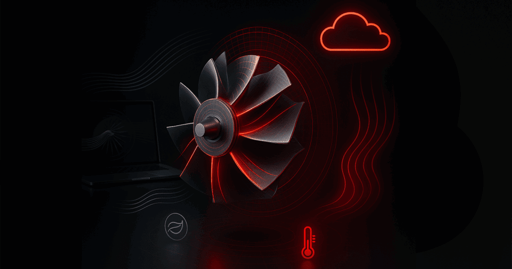 A realistic 3D render of a metallic turbine impeller surrounded by glowing red simulation effects. A laptop on the left shows a wireframe model, while holographic icons and airflow lines illustrate physics simulations such as stress, heat, and fluid dynamics. A red cloud icon on the right symbolizes scalable cloud computing, all set against a sleek black background.