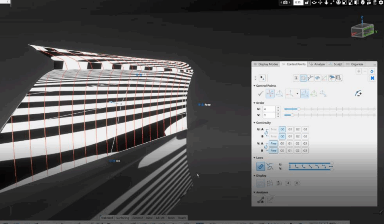 CATIA ICEM Design Experience interface showing surface refinement with control points and curvature analysis for class-A modeling.