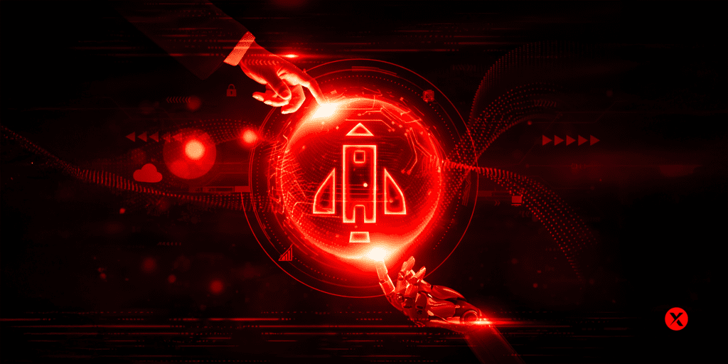 Futuristic illustration of a human hand and a robotic hand reaching toward a glowing circular digital interface, featuring a red rocket icon at the center, set against a dark tech-inspired background with digital elements.